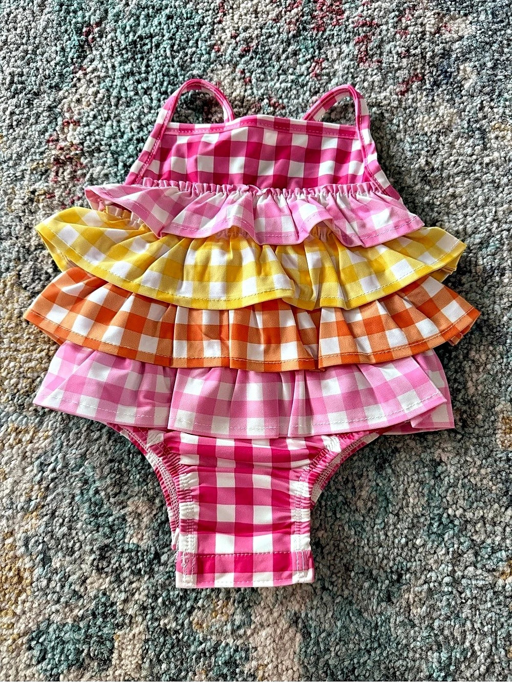 mudpie Checkered Ruffle One-Piece Pink & Yellow Baby 3-6M Like New